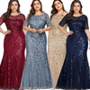 LUNIE Plus Size Sequin Mesh Mermaid Slim Evening Dress Beaded Leaves Pattern Formal  Women Elegant Party