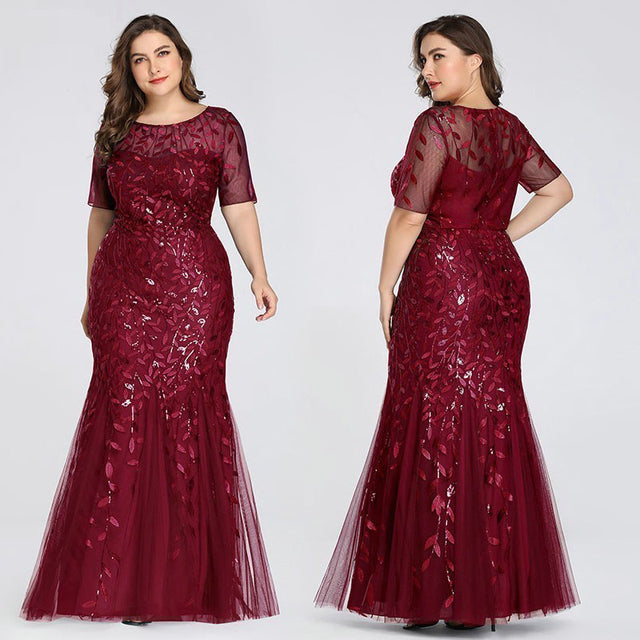 LUNIE Plus Size Sequin Mesh Mermaid Slim Evening Dress Beaded Leaves Pattern Formal  Women Elegant Party